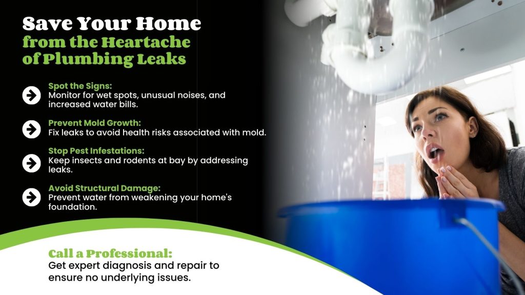 This is an image of a women distraught over her leaking pipes. The headline reads; Save your home from the heartache of plumbing leaks.